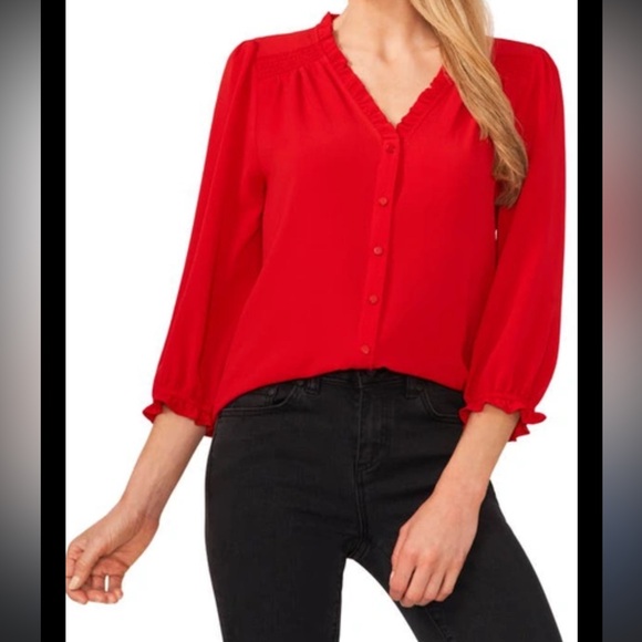 CeCe Red Ruffle Blouse 3/4 sleeves button up top Sz L - Picture 1 of 6